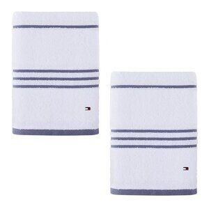 2 new Tommy Hilfiger American 90% Cotton BATH Towels WHITE w/ GRAY STRIPE